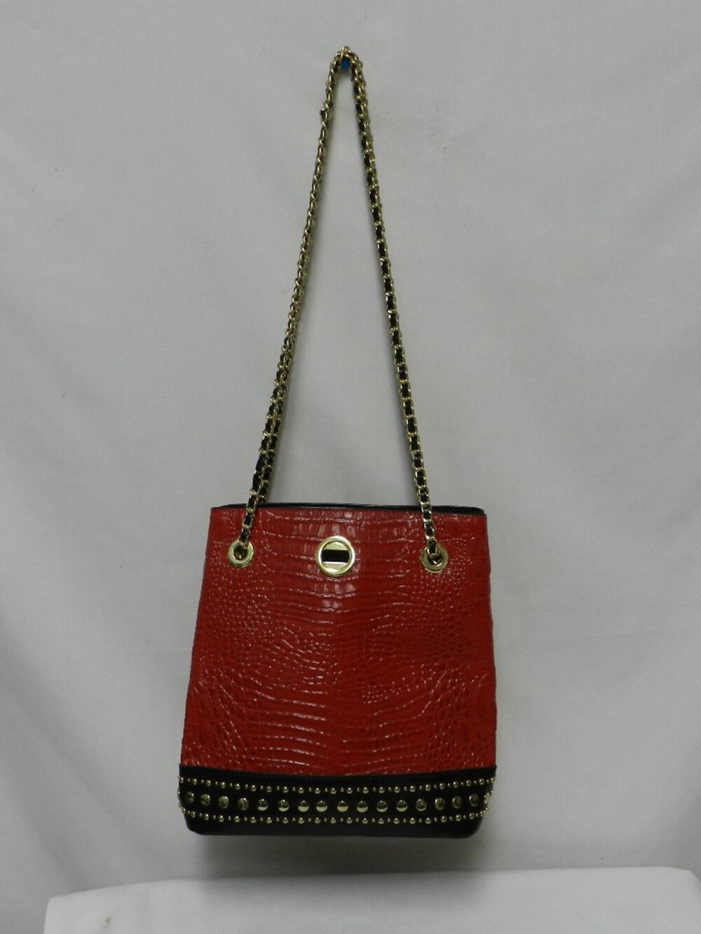 M.C. Macy Leather snake embossed shoulder bag purse chain strap back pocket red